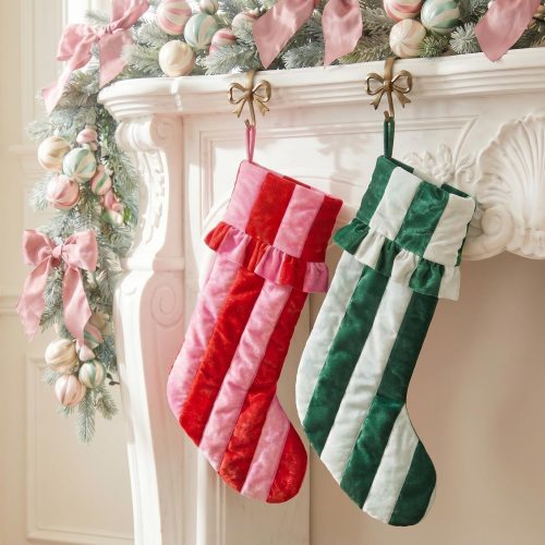 Candy Striped Velvet Christmas Stockings with Ruffle Cuff