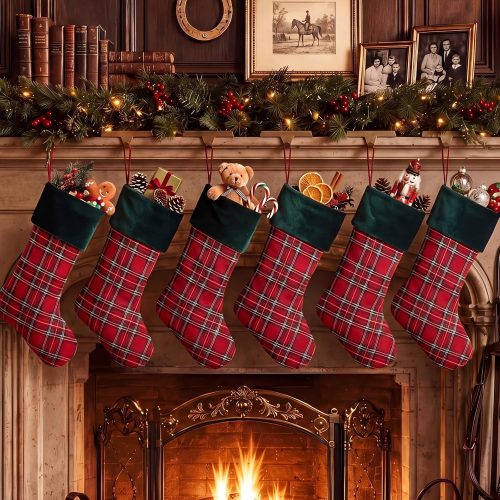 Buffalo Plaid Christmas Stockings with Velvet Cuff