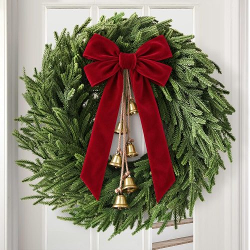 Pine Christmas Wreath with Velvet Bow and Golden Bells