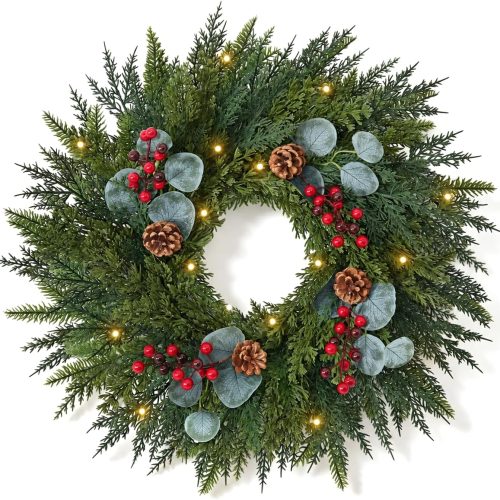 Real Touch Pine and Eucalyptus Christmas Wreath with Lights