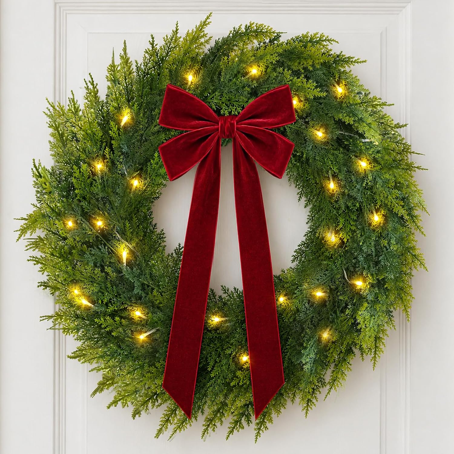 Cedar Christmas Wreath with Velvet Bow and String Lights