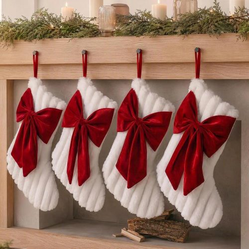 Striped Faux Fur Christmas Stockings with Bow