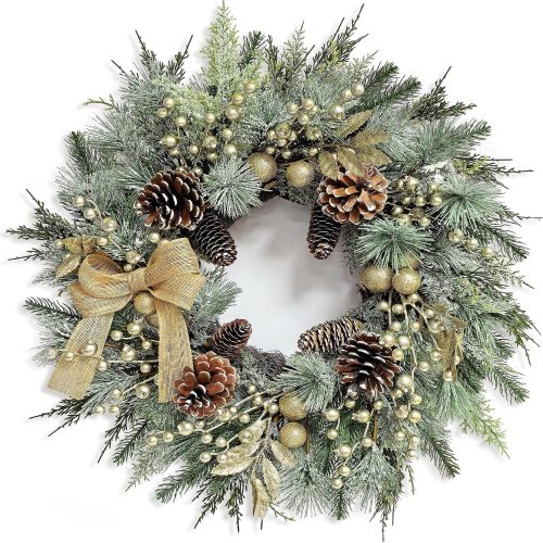 Golden Farmhouse Christmas Wreath with Burlap Bow