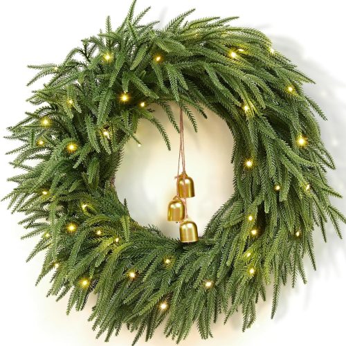 Real Touch Norfolk Pine Wreath with Velvet Bow and Bells
