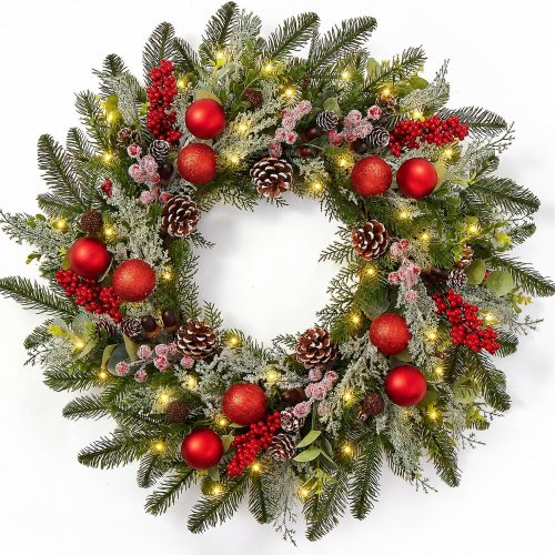 Snowy Pine Christmas Wreath with Red Berries and Ornaments