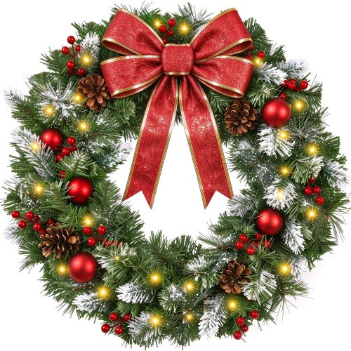 Pre Lit Snowy Christmas Wreath with Remote Control